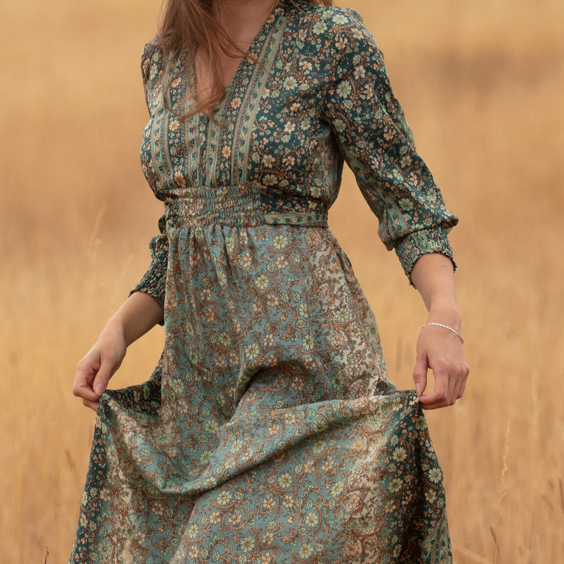 GINNY DRESS MEADOW GREEN GOLD