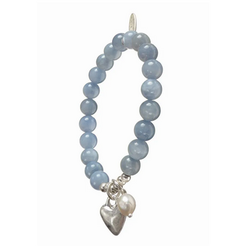 STONE BEADS WITH HEART & PEARL DROP BRACELET | BLUE & SILVER