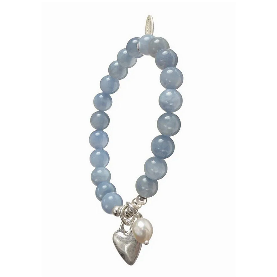 STONE BEADS WITH HEART & PEARL DROP BRACELET | BLUE & SILVER