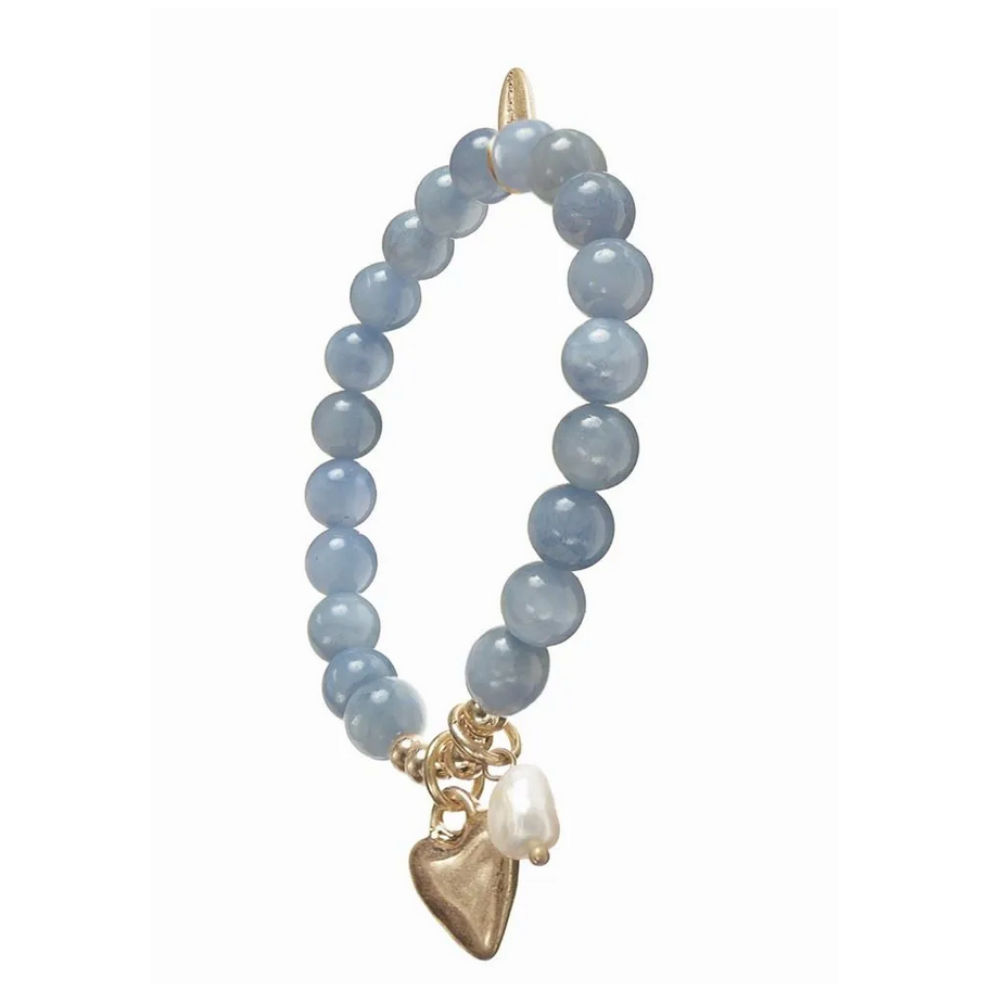STONE BEADS WITH HEART & PEARL DROP BRACELET | BLUE & GOLD