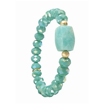 FACETTED STONE BARREL WITH CRYSTAL BEAD BRACELET | GOLD & TURQUOISE