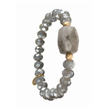 FACETTED STONE BARREL WITH CRYSTAL BEAD BRACELET | GOLD & GREY