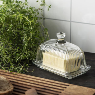 GROOVED GLASS BUTTER DISH WITH LID