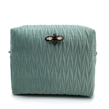 LARGE QUILTED RECYCLED VELVET WASH BAG WITH BUMBLEBEE PIN | SEA GREEN
