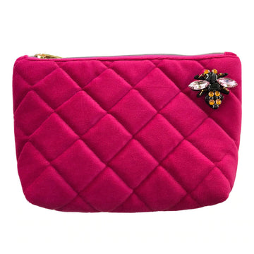 DIAMOND QUILTED RECYCLED VELVET MAKE UP BAG WITH BUMBLEBEE PIN | BRIGHT PINK