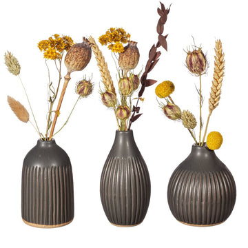 SET 3 GROOVED STONEWARE BUD VASES | BLACK