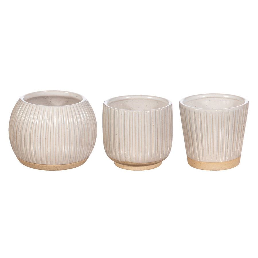 SMALL GROOVED STONEWARE PLANTERS | 3 DESIGNS OFF WHITE