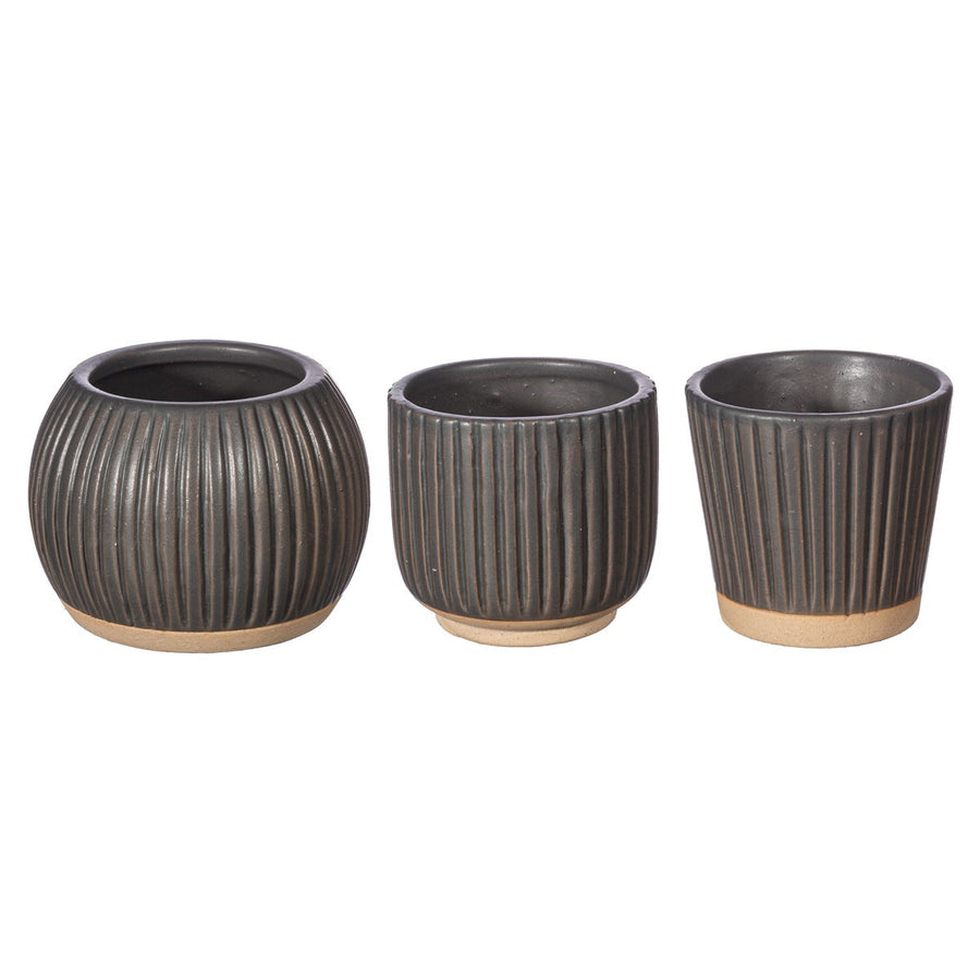 SMALL GROOVED STONEWARE PLANTERS | 3 DESIGNS BLACK