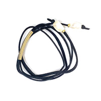 SUEDE WRAP LARIAT NECKLACE WITH BRASS BAR AND PEARLS