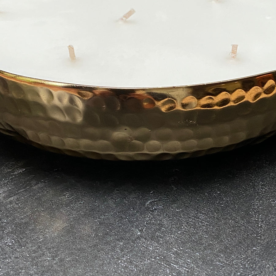 SMALL 6 WICK SCENTED CANDLE IN HAMMERED GOLD BRASS DISH | BALSAM FOREST