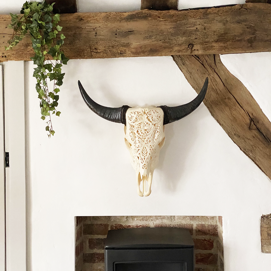 CARVED COW SKULL | LEAF DESIGN