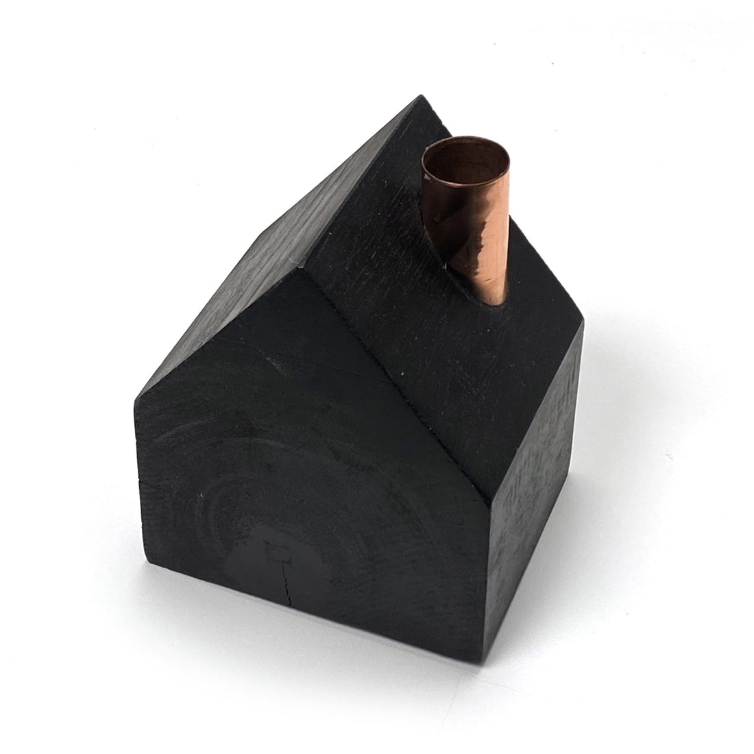 BLACK WOOD & COPPER HOUSE CANDLE HOLDER