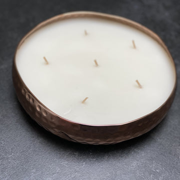 SMALL 6 WICK SCENTED CANDLE IN HAMMERED ROSE GOLD DISH | ORANGE BERGAMOT