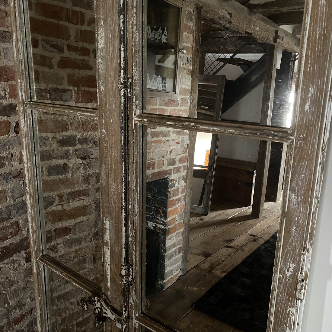 LARGE ANTIQUE FRENCH WINDOW DOOR MIRROR | PAIR | 6 PANES