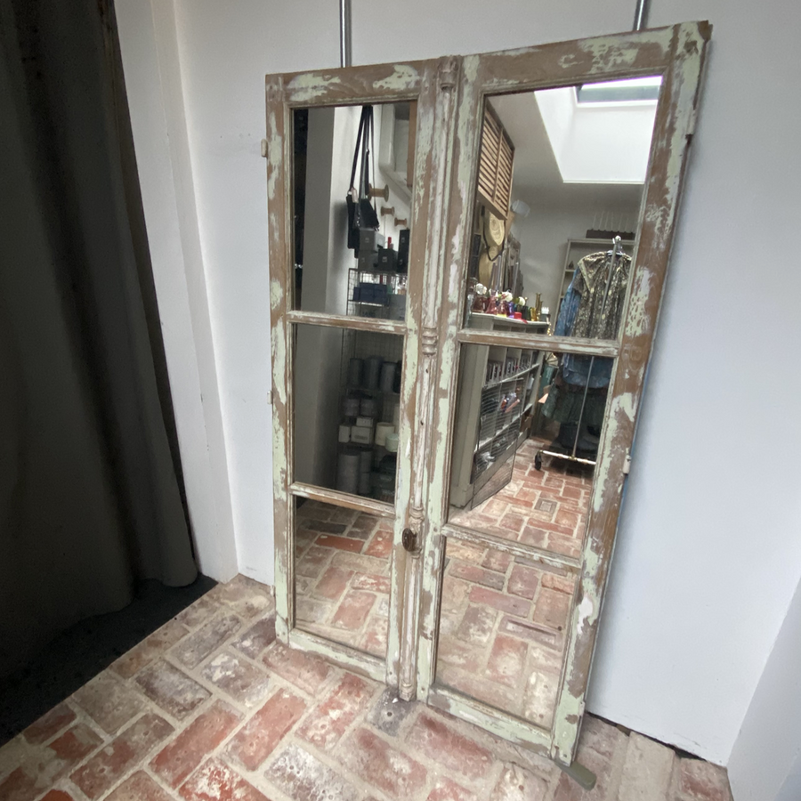 MEDIUM ANTIQUE FRENCH WINDOW DOOR MIRROR | PAIR