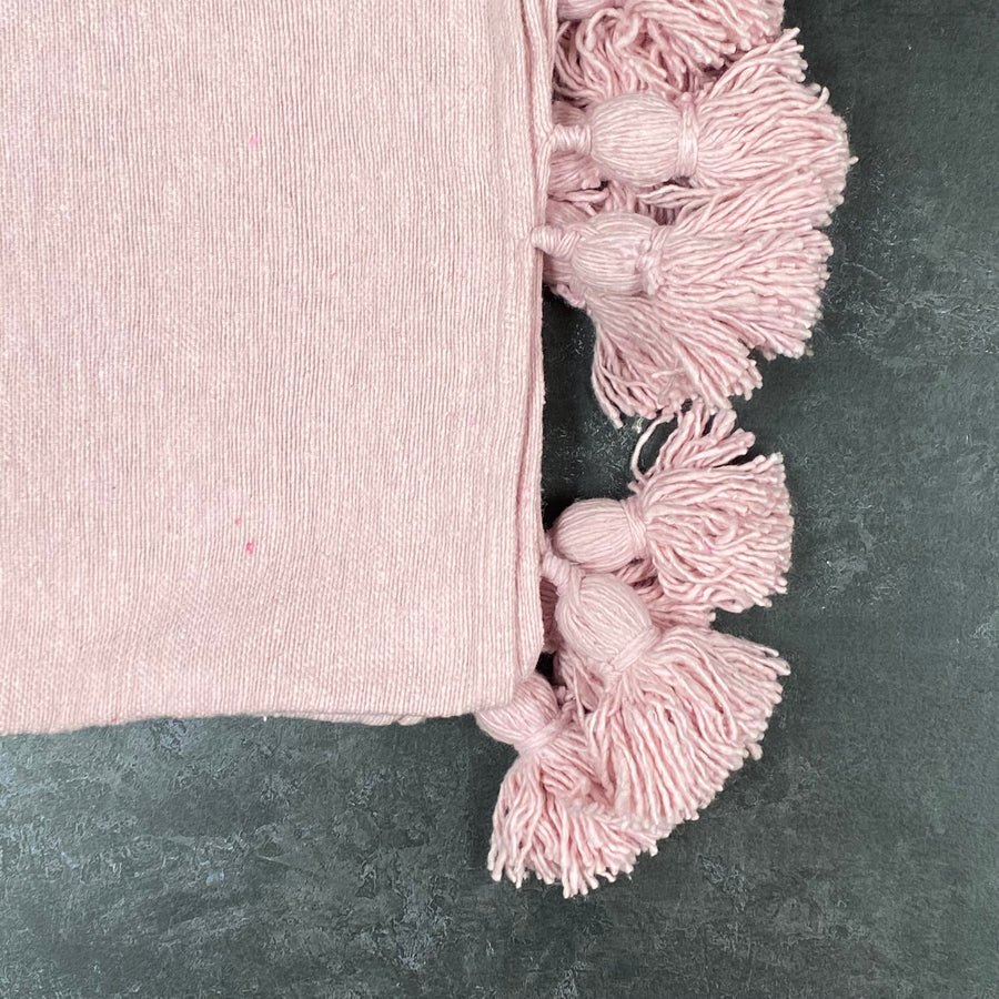 MOROCCAN COTTON SINGLE BLANKET THROW WITH POM POMS | PALE PINK