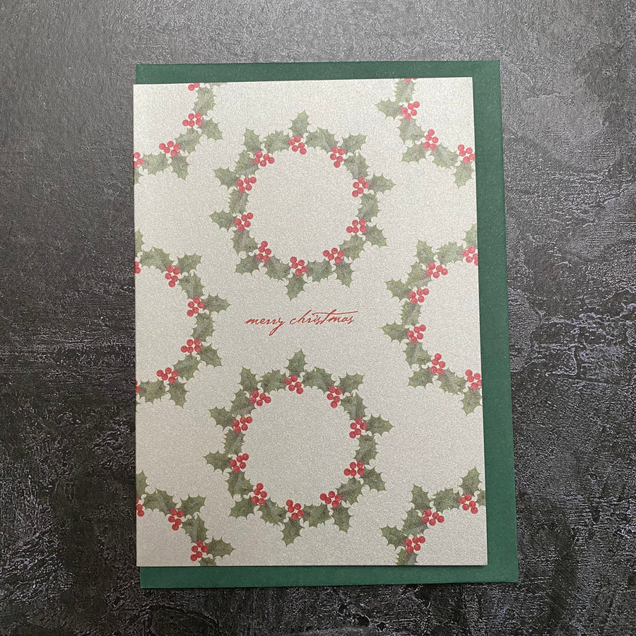 METALLIC CHRISTMAS CARD PACK 5 | HOLLY WREATH