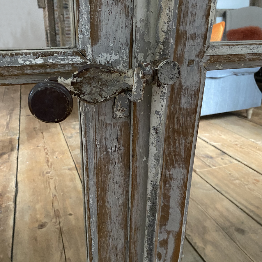 LARGE ANTIQUE FRENCH GREY WINDOW DOOR MIRROR | PAIR | 6 PANES