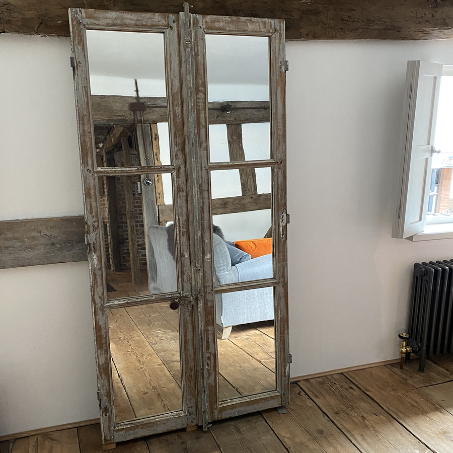 LARGE ANTIQUE FRENCH GREY WINDOW DOOR MIRROR | PAIR | 6 PANES