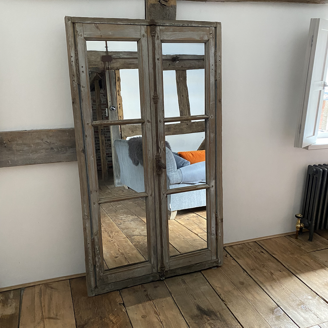 MEDIUM ANTIQUE FRENCH WINDOW FRAMED MIRROR