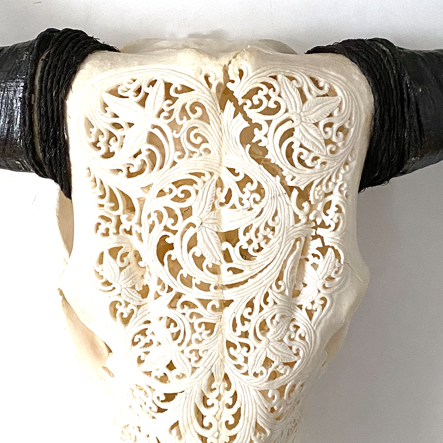 CARVED COW SKULL | LEAF DESIGN