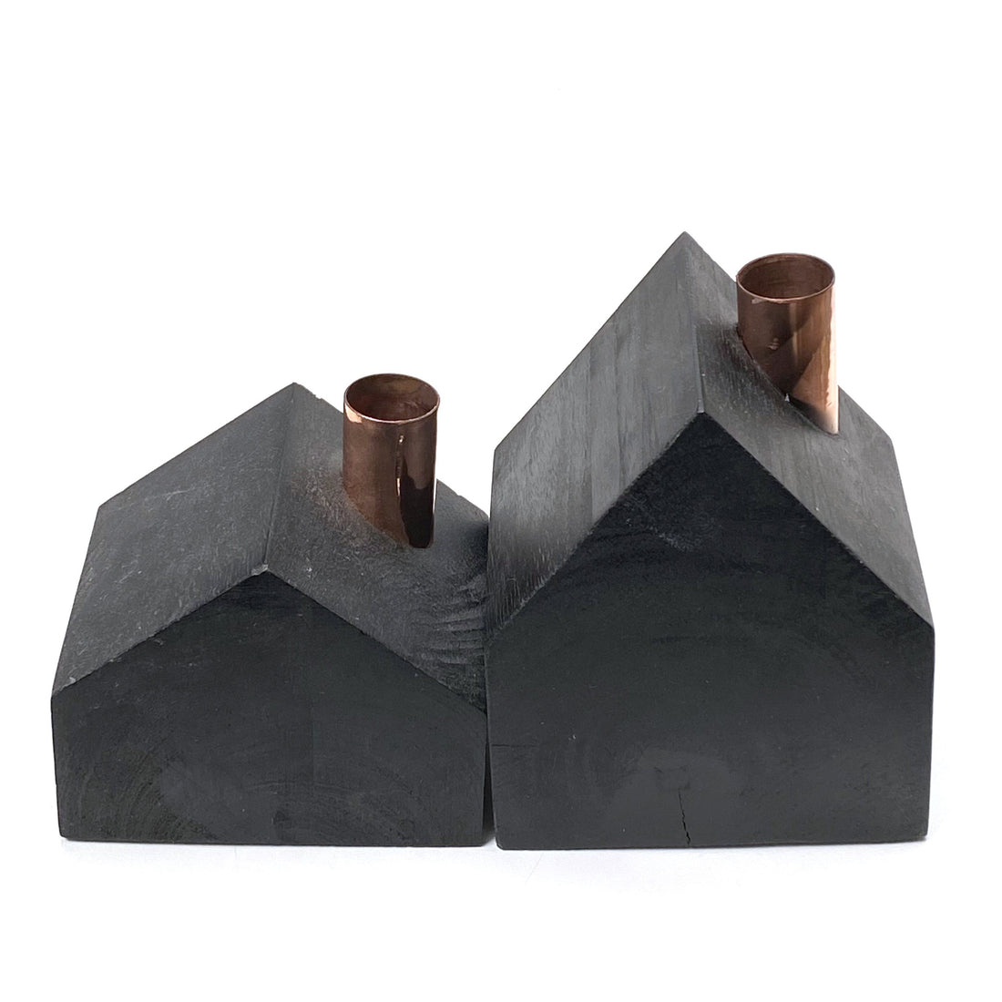 BLACK WOOD & COPPER HOUSE CANDLE HOLDER
