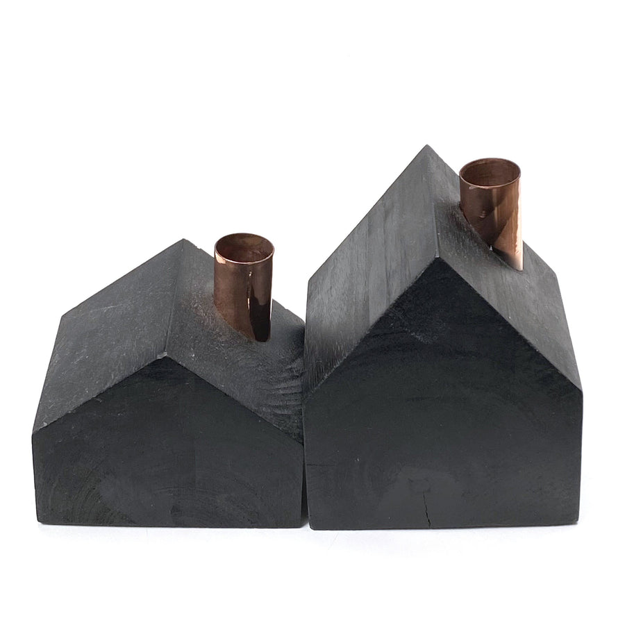 BLACK WOOD & COPPER HOUSE CANDLE HOLDER