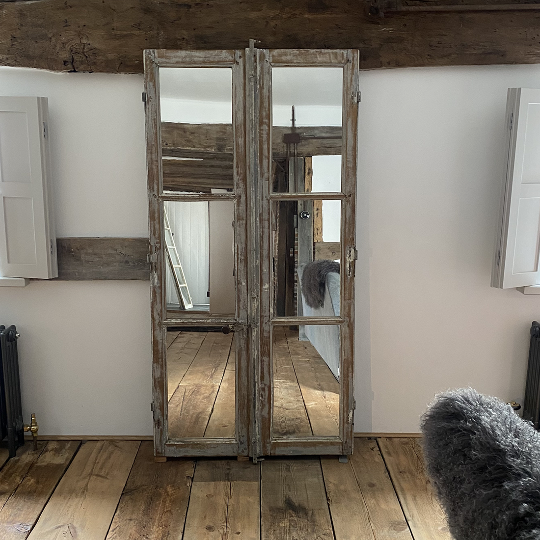 LARGE ANTIQUE FRENCH GREY WINDOW DOOR MIRROR | PAIR | 6 PANES