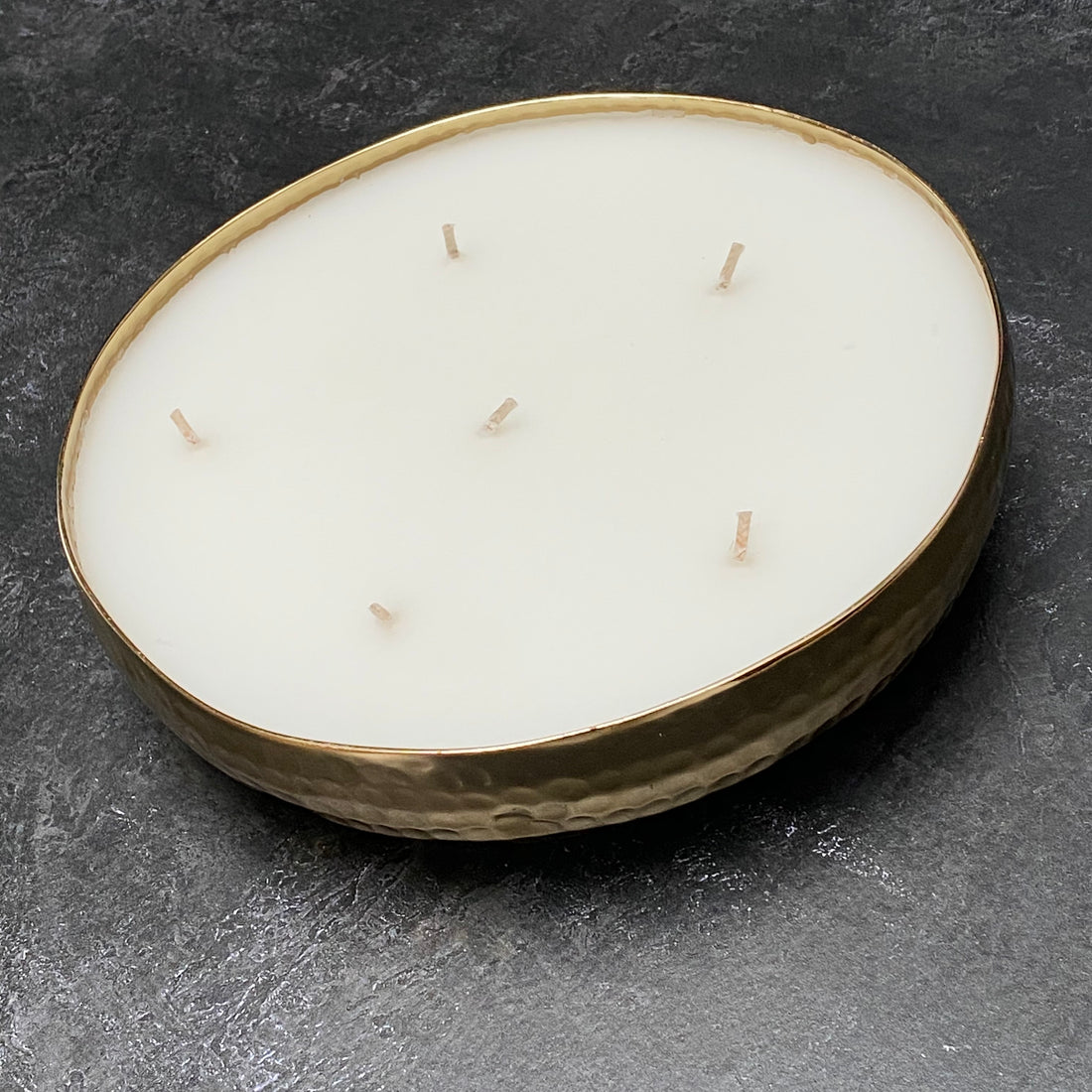 SMALL 6 WICK SCENTED CANDLE IN HAMMERED GOLD BRASS DISH | BALSAM FOREST