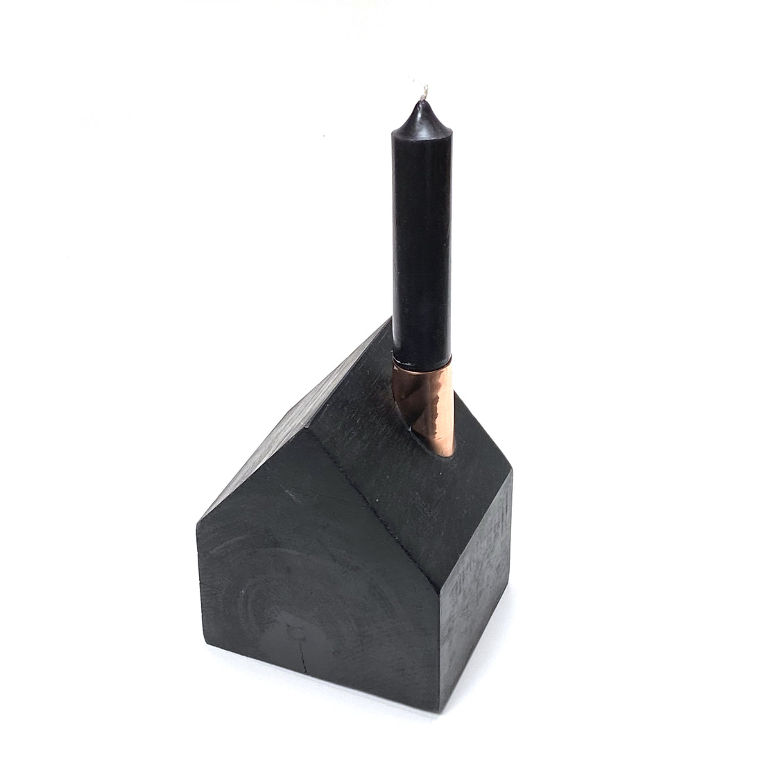 BLACK WOOD & COPPER HOUSE CANDLE HOLDER
