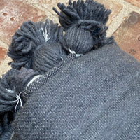 LARGE MOROCCAN DARK GREY WOOL BLANKET WITH POM POMS