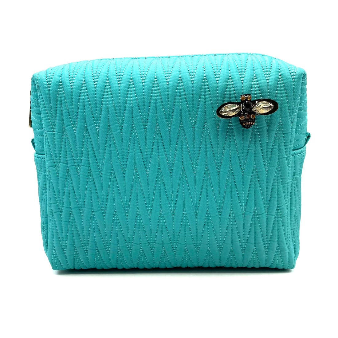 LARGE QUILTED RECYCLED NYLON WASH BAG WITH BUMBLEBEE PIN | TURQUOISE